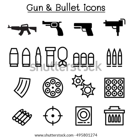 Gun & bullet icon set in thin line style