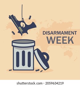 Gun and bullet that fall into a trash can with a world map illustration background. Disarmament concept