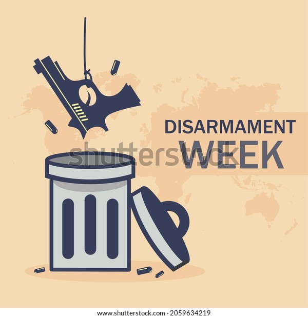 Gun and bullet that fall\
into a trash can with a world map illustration background.\
Disarmament concept