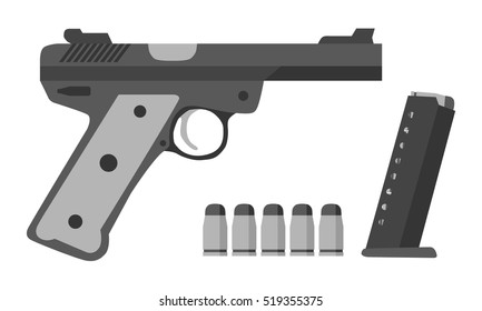 Gun, bullets, clip in flat style. Military, police, army equipment.