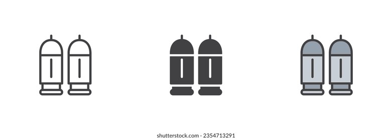 Juego de iconos de diferentes estilos con viñetas de arma. Línea, glifo y contorno relleno versión colorida, contorno y signo vectorial relleno. Símbolo, ilustración del logotipo. Gráficos vectoriales