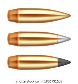 Balas de armas, arma de municiones. 3d ilustración vectorial realista, aislada en fondo blanco.