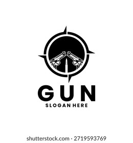 Pistola con brújula y balas de diseño de logotipo de Plantilla de Vector. Vector de diseño de logotipo de tienda de armas