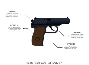 Gun-Konzept für Infografik mit 4 Schritten, Optionen, Teilen oder Prozessen. Visualisierung von Geschäftsdaten.