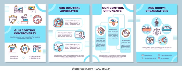Plantilla de folleto para la controversia sobre el control de armas. Organización de derechos de armas. Volante, folleto, folleto impreso, diseño de portada con iconos lineales. Diseños vectoriales para revistas, informes anuales, afiches publicitarios