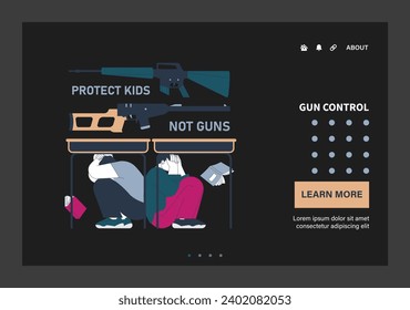 Control de armas oscuro o de noche. Segunda prohibición de enmienda. Regulación de armas movimiento de ley. Violencia con armas de fuego. Tiroteos masivos en lugares públicos y escuelas. Ilustración vectorial plana