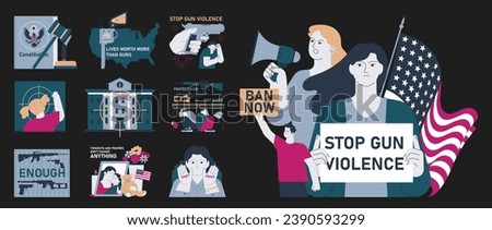 Gun control dark or night mode set. Second amendment ban. Weapon regulations law movement. Firearm violence. Mass shooting in public places and school. Flat vector illustration