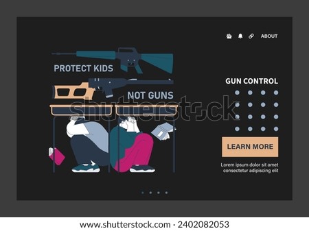Gun control dark or night mode set. Second amendment ban. Weapon regulations law movement. Firearm violence. Mass shooting in public places and school. Flat vector illustration