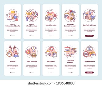 Gun control onboarding mobile app page screen with concepts. Firearm ownership. Weapon use risks and danger walkthrough 5 steps graphic instructions. UI vector template with RGB color illustrations
