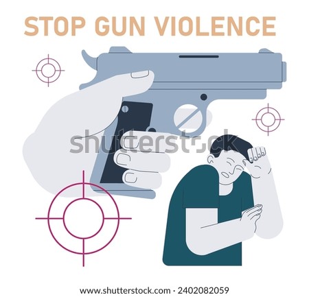 Gun control. Second amendment ban. Weapon regulations law movement. Firearm violence. Mass shooting in public places and school. Flat vector illustration