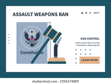 Red de control de armas o juego de aterrizaje. Segunda prohibición de enmienda. Regulación de armas movimiento de ley. Violencia con armas de fuego. Tiroteos masivos en lugares públicos y escuelas. Ilustración vectorial plana