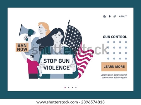 Gun control web or landing set. Second amendment ban. Weapon regulations law movement. Firearm violence. Mass shooting in public places and school. Flat vector illustration