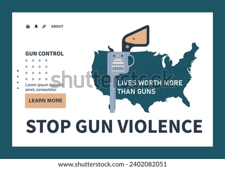 Gun control web or landing set. Second amendment ban. Weapon regulations law movement. Firearm violence. Mass shooting in public places and school. Flat vector illustration