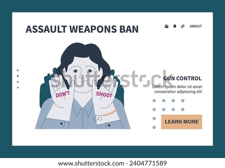 Gun control web or landing set. Second amendment ban. Weapon regulations law movement. Firearm violence. Mass shooting in public places and school. Flat vector illustration