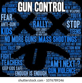 Gun Control word cloud on a black background. 