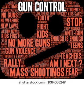 Gun Control word cloud on a black background. 