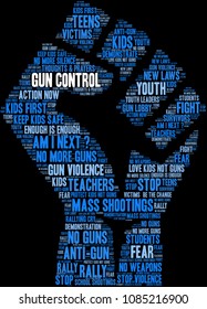 Gun Control word cloud on a black background. 