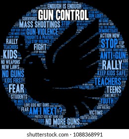 Gun Control word cloud on a black background. 