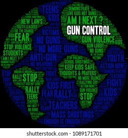 Gun Control word cloud on a black background. 