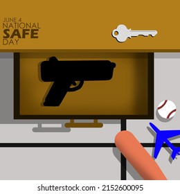 A Gun In A Drawer Unlocked With Key On The Desk And Children's Toys On The Floor With Bold Texts, National SAFE Day  June 4