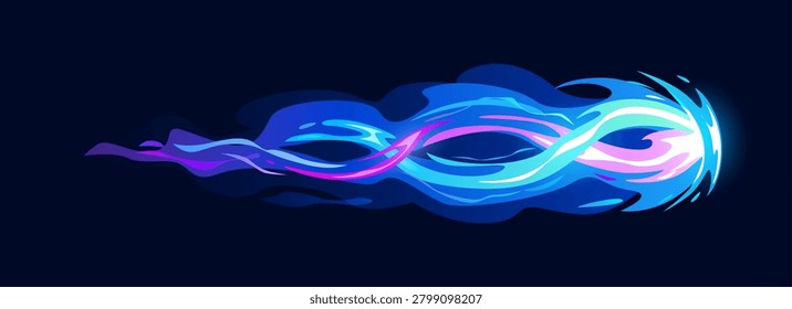 Gun fire trail flame effect for game comics with blue purple plasma clot, cartoon vector icon. Laser gun or blaster shot with light glow for game VFX effect of energy blast from fire gun fireball shot