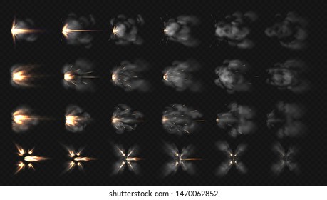Gun flash effects. Realistic special effects steps of smoke clouds and shotgun fire, muzzle flash and explode. Vector illustration isolated set concept firing on transparent background