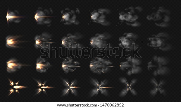 Gun\
flash effects. Realistic special effects steps of smoke clouds and\
shotgun fire, muzzle flash and explode. Vector illustration\
isolated set concept firing on transparent\
background
