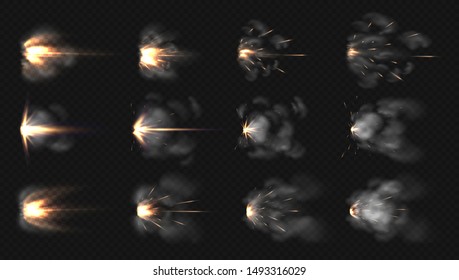 Gun flash. Realistic muzzle flash and shotgun fire and smoke special effects isolated on transparent background. Vector illustration 3D blast motion flashes after weapon shot set