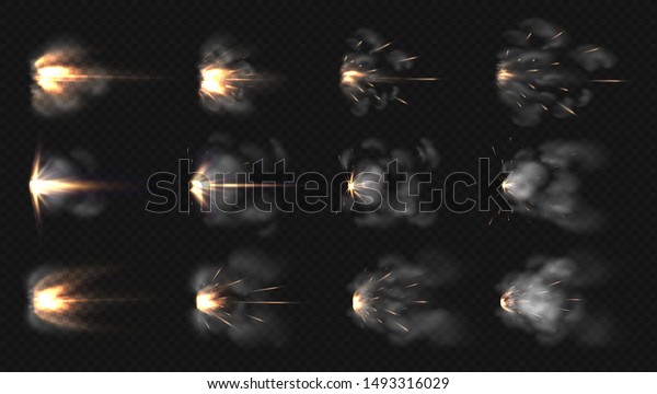 Gun flash.
Realistic muzzle flash and shotgun fire and smoke special effects
isolated on transparent background. Vector illustration 3D blast
motion flashes after weapon shot
set