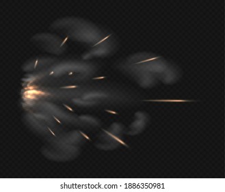Gun flash. Realistic visual special effect of firearm shot. Isolated flying sparks and clouds of smoke on transparent background. Fire from burning gunpowder and flare of explosion, vector template