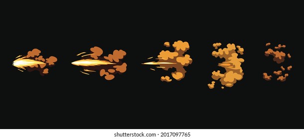 Gun flashes or gunshot animation. Cartoon flash effect of bullet start. Shotgun fire, muzzle flash and explode. Flashes with smoke and fire sparkles