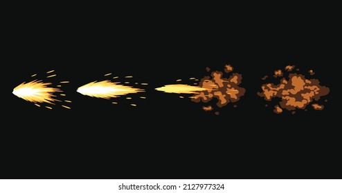 Gun flashes or gunshot animation. Cartoon flash effect of bullet starts with smoke and sparkles. Fire explosion effect during shot with gun. Shotgun fire, muzzle flash and explode