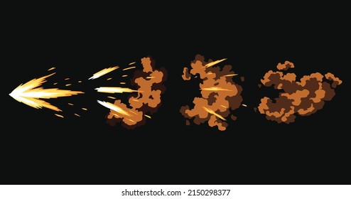 Gun flashes or gunshot animation. Cartoon flash effect of bullet starts with smoke and sparkles. Fire explosion effect during shot with gun. Shotgun fire, muzzle flash and explode