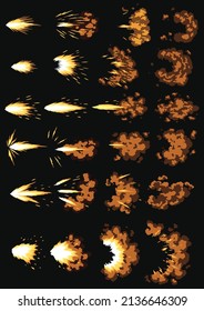 Gun flashes or gunshot animation. Collection of fire explosion effect during shot with gun. Cartoon flash effect of bullet starts. Shotgun fire, muzzle flash and explode