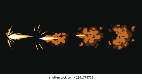 Gun flashes or gunshot animation. Collection of fire explosion effect during shot with gun. Cartoon flash effect of bullet starts. Shotgun fire, muzzle flash and explode