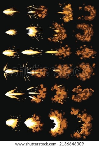 Gun flashes or gunshot animation. Collection of fire explosion effect during shot with gun. Cartoon flash effect of bullet starts. Shotgun fire, muzzle flash and explode