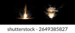 Gun flashes with smoke and fire sparkles. Pistol shots clouds, muzzle shotgun explosion. Blast motion, weapon bullets trails isolated on black background.