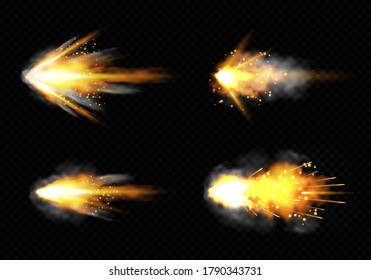 Gun flashes with smoke and fire sparkles. Pistol shots clouds, muzzle shotgun explosion. Blast motion, weapon bullets trails isolated on black background. Realistic 3d vector illustration, icons set