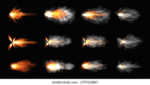 Gun flashes with smoke and fire sparkles. Pistol shots clouds, muzzle shotgun explosion. Blast motion, weapon bullets trails isolated on black background. Realistic 3d vector illustration, icons set