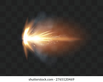 Gun flashes with smoke and fire sparkles. Pistol shots clouds, muzzle shotgun explosion. Blast motion, weapon bullets trails isolated on black background.