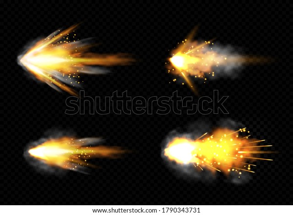 Gun flashes with smoke and fire sparkles. Pistol\
shots clouds, muzzle shotgun explosion. Blast motion, weapon\
bullets trails isolated on black background. Realistic 3d vector\
illustration, icons set