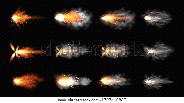 Gun flashes with smoke and fire sparkles. Pistol
shots clouds, muzzle shotgun explosion. Blast motion, weapon
bullets trails isolated on black background. Realistic 3d vector
illustration, icons set
