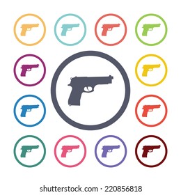 gun flat icons set. Open round colorful buttons. Vector 