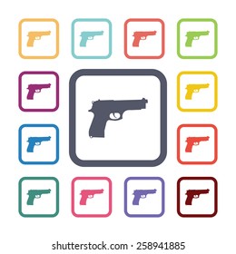 gun flat icons set. Open round colorful buttons. Vector 