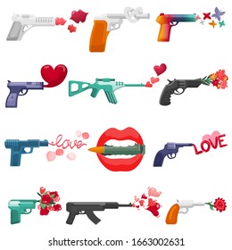 Flores de armas y símbolos de amor ilustraciones vectoriales. Arma de caricatura que produce amables disparos de palabra, corazones rojos, flores adorables, balas de mariposa. Haz el amor, no la guerra, concepto de paz. Conjunto de iconos aislados