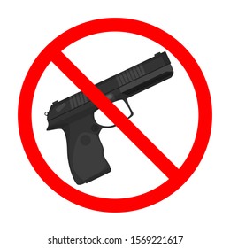 Gun forbidden sign vector isolated. Weapon is not allowed, symbol of crime restriction. Red circle and pistol behind.