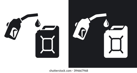 Gun for fuel pump and canister of fuel, vector icon. Two-tone version on black and white background