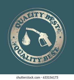 Gun for fuel pump with a drop of fuel, vector icon.  Stamp with text. Quality  best