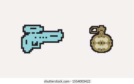 Gun Grenade Pistol Pixel icon, weapon symbol vector design. Great for mobile app, web design, banner, game, etc
