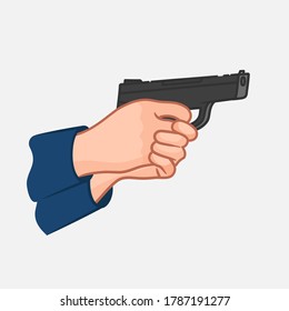 Arma en mano. Hombre armado. Armas de fuego. Un oficial de policía con un arma cargada. Disparo objetivo. Robo a mano armada. Ilustración vectorial en estilo plano.